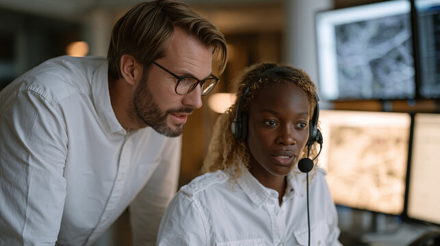 Emergency dispatch supervisor leaning over a trainee at a 911 call center console, listening in on a live call through a headset splitter, the glow of active incident maps across