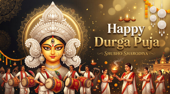 Happy Durga Puja Festival Banner with Goddess Durga Idol Dhak Drummers and Dhunuchi Dance Celebration