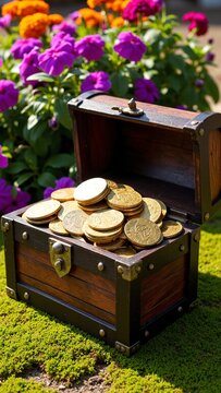 Treasure Chest of Gold in Colorful Garden