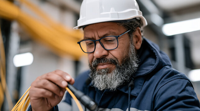 Telecommunications engineer in an underground cable vault examining fiber-optic splice connections with a hand scope, subsurface infrastructure, technical precision, confined