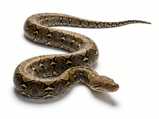 Fototapeta premium Detailed brown patterned boa constrictor snake coiled on white background for world snake day