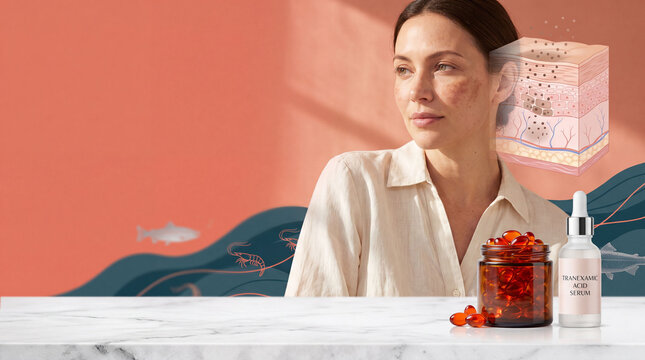 Melasma treatment concept with woman, tranexamic acid serum, and astaxanthin capsules in a polished skincare ad for clear, even-toned skin.