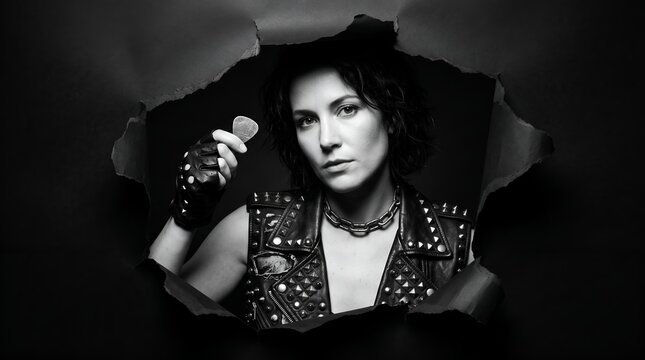Rock girl in leather jacket holding guitar pick through paper hole