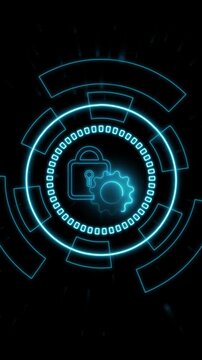 Security animation routes blue digital padlock icons. Connected security animation charts network data encryption lines. Safe security animation protects information web servers.
