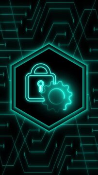 Security protection animation meshes neon lock symbols. Technical security protection animation spins engineering gear wheels. Safe security protection animation secures servers.