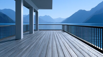Fototapeta premium A serene deck with mountain and lake views, linear perspective, and minimalist design in cool tones