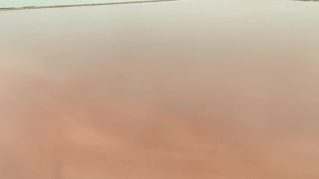 Cinematic aerial footage of vibrant pink salt evaporation ponds in Namibia. A unique industrial and natural landscape of colorful salinas stretching to the horizon.