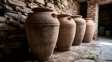 Fototapeta premium Traditional large terracotta amphorae jars resting inside a rustic stone cellar for ancient style wine fermentation processes capturing an authentic