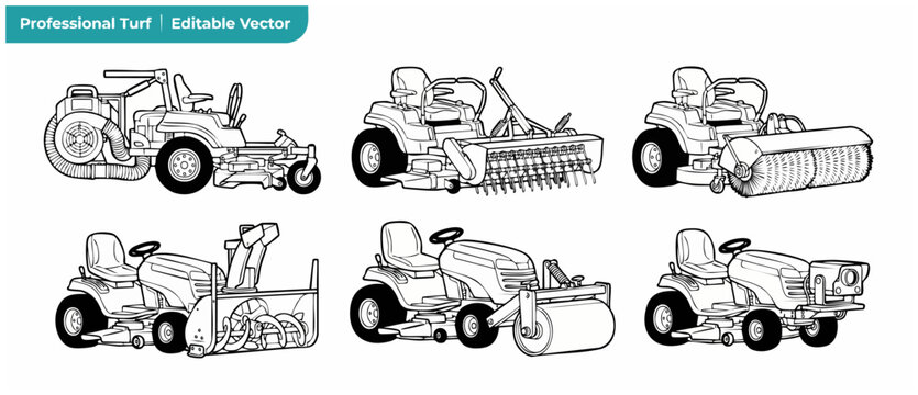 Lawn mower tractor vector outline icons set with landscaping attachments for turf care and snow removal isolated on white background for commercial gardening design technical illustration clipart set.