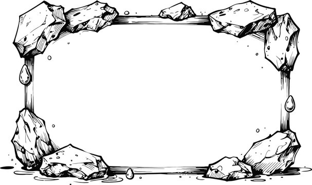 rough stone frame border with water drops hand drawn rock outline rectangular frame design