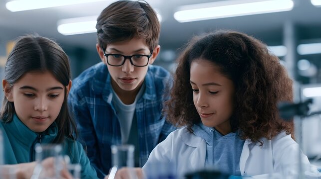 Three young children focused on science experiment using lab equipment inside a modern educational facility