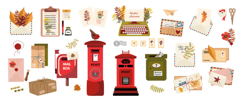 A cozy Autumn Mail collection. The set features mailboxes, a vintage typewriter, letters, postcards, and stationery accessories adorned with autumn motifs. Perfect for greeting cards, scrapbooking, 