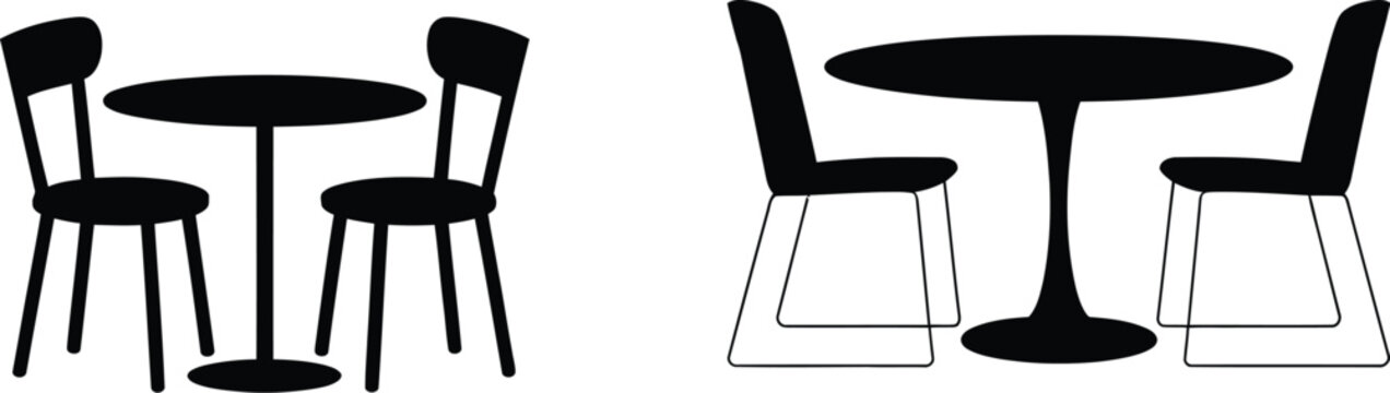 Black silhouettes of dining table sets containing round bistro tables and contemporary chairs for home furniture and restaurant layout.