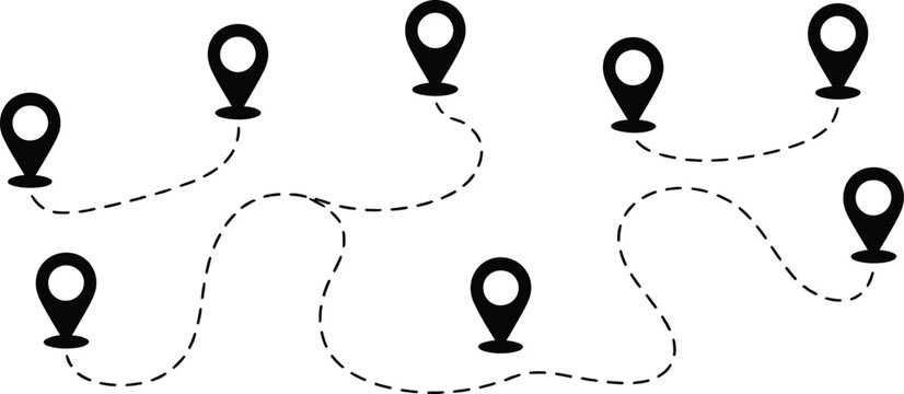 Map pin location icons with dashed line routes vector layout representing multiple destination tracking paths and business logistics planning.