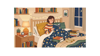 Fototapeta premium Cozy hygge illustration of a woman reading in bed at night, warm bedroom interior with books and fairy lights, peaceful evening relaxation scene
