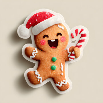 Cute smiling gingerbread cookie dancing with candy canes, rosy cheeks, icing details, tiny Santa hat, playful holiday vibe, whimsical kawaii illustration.