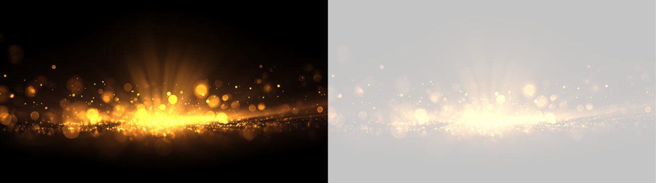 Golden bokeh dust on a transparent background. Gold glitter light effect with glowing particles and rays. Festive sparkle overlay for graphic design