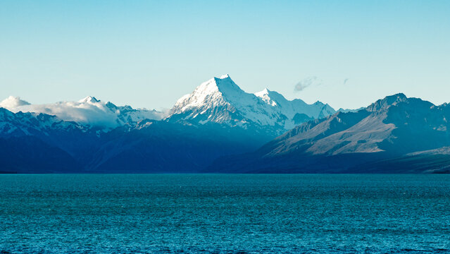 Wide shot of Mount Cook from lake side on a clear day