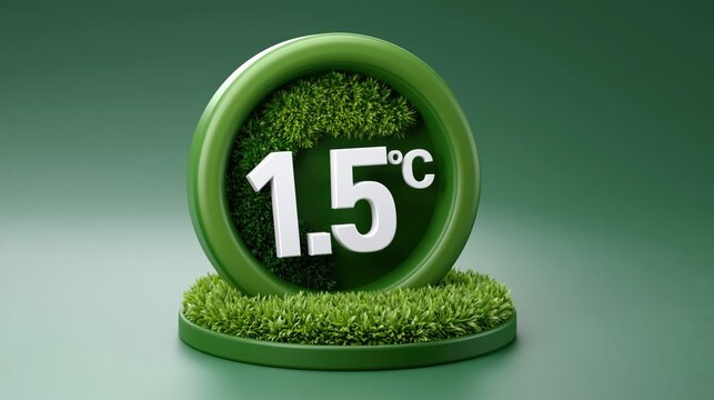 Green circular frame with 1.5 degrees Celsius text and grass