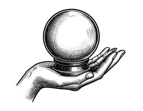 Hand holding a crystal ball in vintage engraving style isolated on white background.