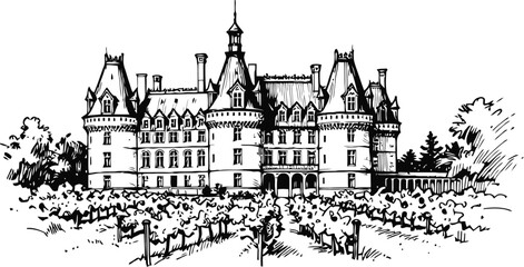 Obraz premium Historic european castle with vineyard in the foreground, intricate architectural details, vintage ink drawing