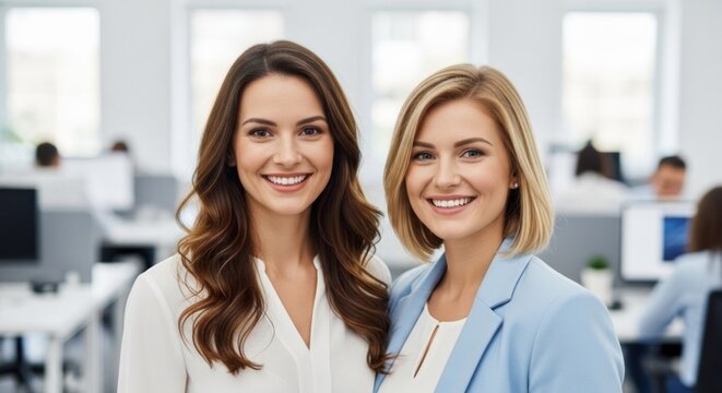 Two businesswomen standing in an office with a neutral expression, smiling, and looking at the camera.