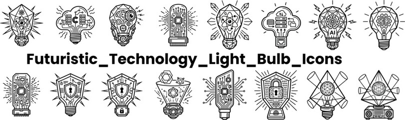 Fototapeta premium Futuristic technology light bulb icons set showcasing artificial intelligence and digital security.