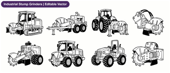 Obraz premium Industrial Stump Grinder Vector Icon Set of Heavy Machinery and Forestry Equipment Outline Drawings for Tree Removal and Land Clearing Projects, Black and White Line Art Clipart Graphic Designs.