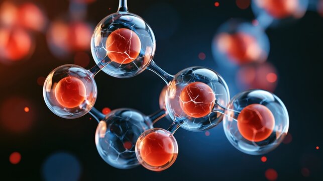 3D rendering of molecular chemical structures with glowing orange atoms