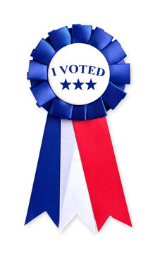 Patriotic I Voted election button badge award ribbon rosette, traditional red, white, and blue political campaign medal isolated on transparent background, PNG format