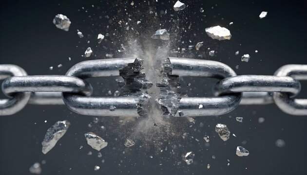 Heavy metallic steel chain snapping and shattering in half with flying debris particles on dark background, conceptual freedom, liberation, and breaking free graphic element asset, Generative AI