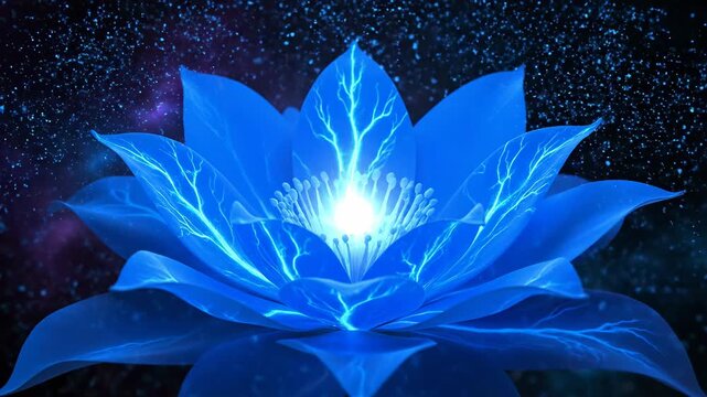 Glowing blue lotus flower with energy veins and reflective surface