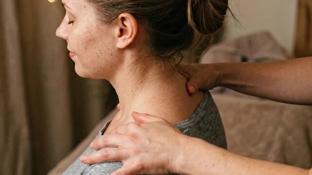 Woman receiving professional neck and shoulder massage in a spa setting for relaxation and tension relief.