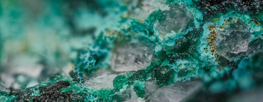 White quartz crystals with green malachite ultrawide panoramic shot, documentary scientific microphotography in panoramic format image, natural raw mineral stone texture from Altai region