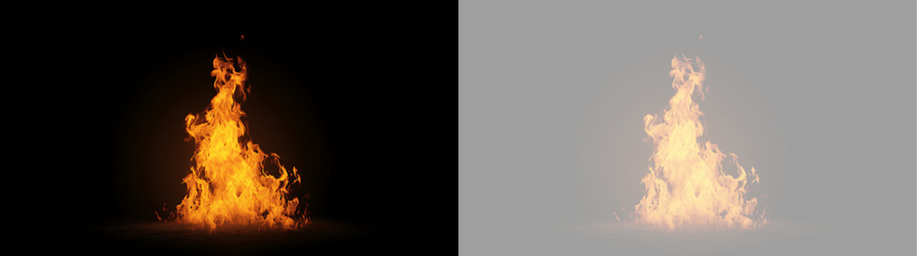 Realistic fire flame isolated on black and transparent background. Tongues of fire element for graphic design and VFX compositing. Bright orange burning bonfire spark