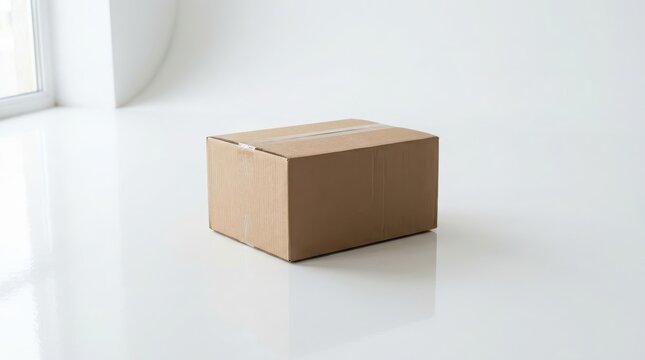 Cardboard container sits centered against a bright minimalist backdrop.