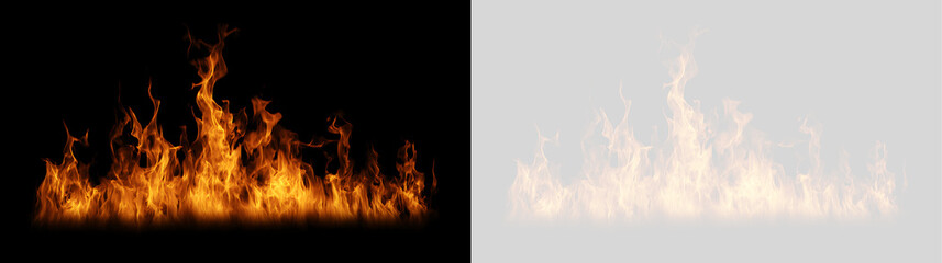 Tongues of fire isolated on black and transparent background. Realistic burning orange flames design element. Wide horizontal bonfire blaze overlay © Антон Миргородський