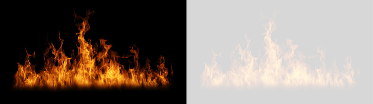 Tongues of fire isolated on black and transparent background. Realistic burning orange flames design element. Wide horizontal bonfire blaze overlay