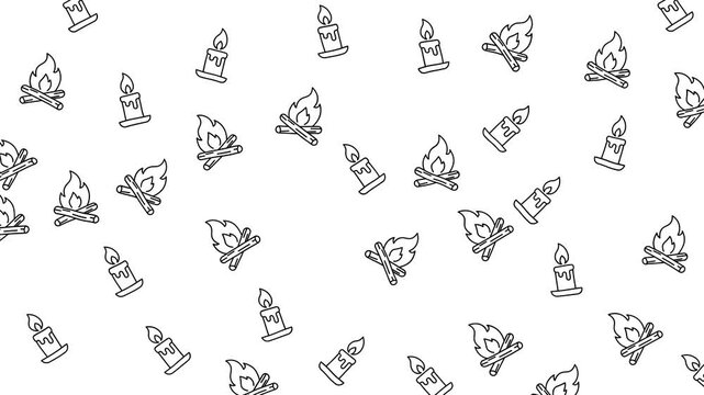Multiple black white line art style doodles candles campfires repeated background pattern, perfect for stationery, fabric design, or packaging.
