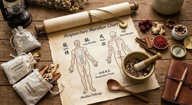 鍼灸経絡図と漢方薬草の俯瞰撮影