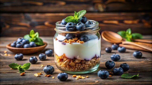 A jar of yogurt with blueberries and granola on top