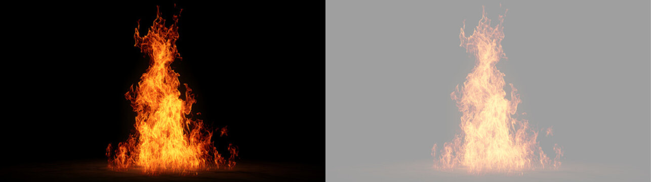Tall blazing fire with tongues of flame isolated on transparent background. Orange and yellow campfire VFX asset with alpha channel on black and checkerboard backdrop