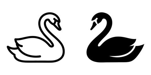 Two stylized swans outline and silhouette on white background representing elegance and contrast © AKTER STOCK