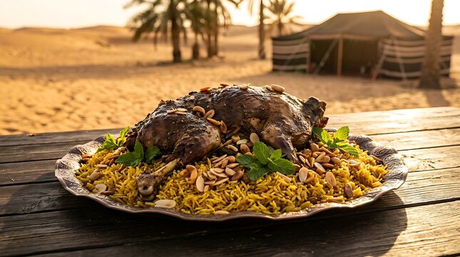 shuwaa on decorated traditional metal tray, positioned center-left on a dark rustic wood table in the desert