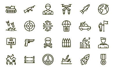 Naklejka premium Military icons illustrate various combat equipment and strategic operations in a clean line style.