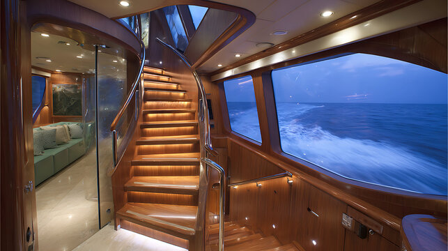 Luxurious yacht interior with wooden staircase leading to upper deck overlooking ocean waves at dusk with glass panels and railings.