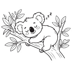 Sleeping koala on tree branch. Koala bear resting in eucalyptus tree. Cute koala sleeping peacefully on a tree branch with leaves.