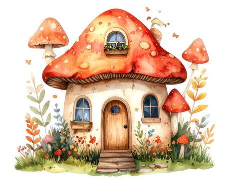 Whimsical watercolor mushroom house with charming fantasy style, perfect for storybook illustrations.