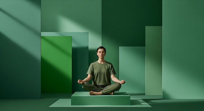 Woman Meditating in Lotus Pose Amidst Green Geometric Shapes