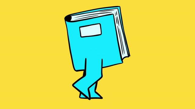 Creative 2D cartoon animation of blue notebook character with legs walking against vibrant yellow background. Minimalist hand-drawn walk cycle perfect for education, note-taking, writing and creative 